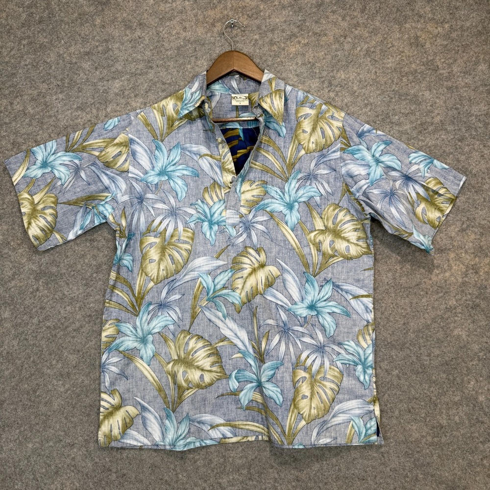 Vintage Go Barefoot Hawaiian Aloha Shirt Mens Large 1/4 Button Reverse Print USA